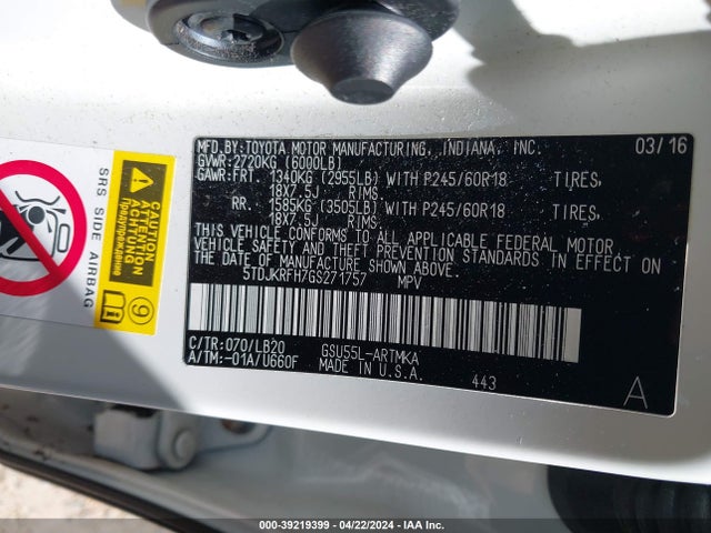 Toyota Highlander Xle V6 2016 5TDJKRFH7GS271757 Image 9