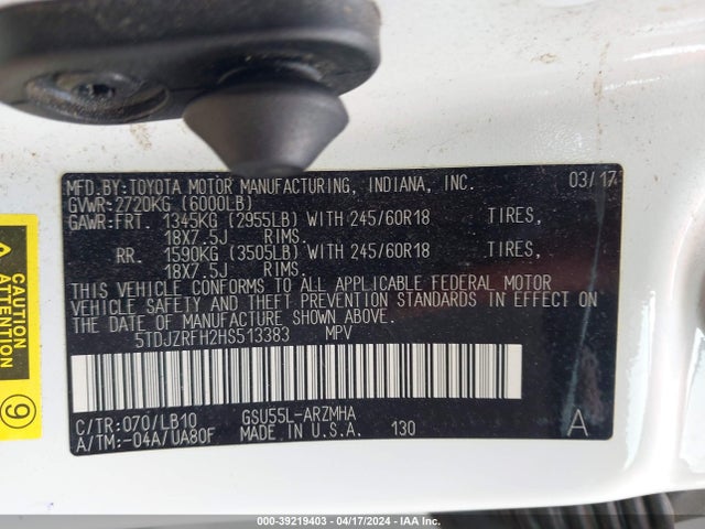 Toyota Highlander Xle 2017 5TDJZRFH2HS513383 Image 9