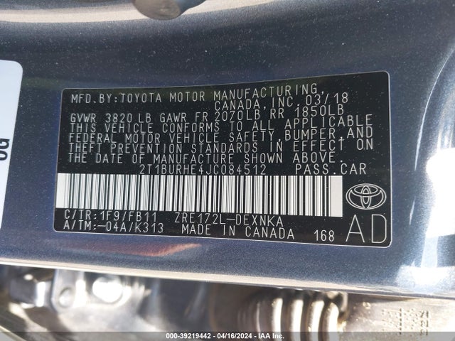 Toyota COROLLA LE 2018 2T1BURHE4JC084512 Image 9