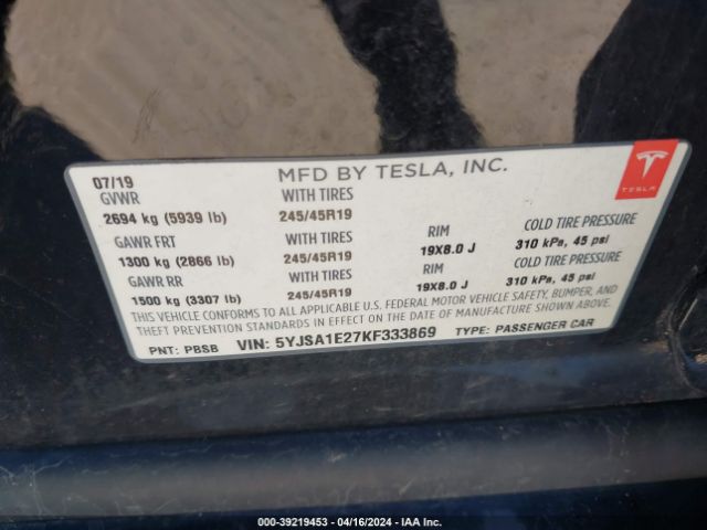 5YJSA1E27KF333869 Tesla Model S 100d/75d/long Range/standard Range