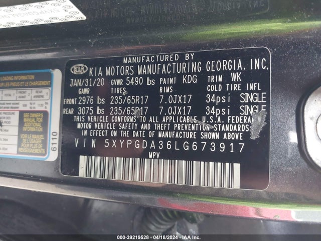 KIA Sorento 2.4l Lx 2020 5XYPGDA36LG673917 Image 9