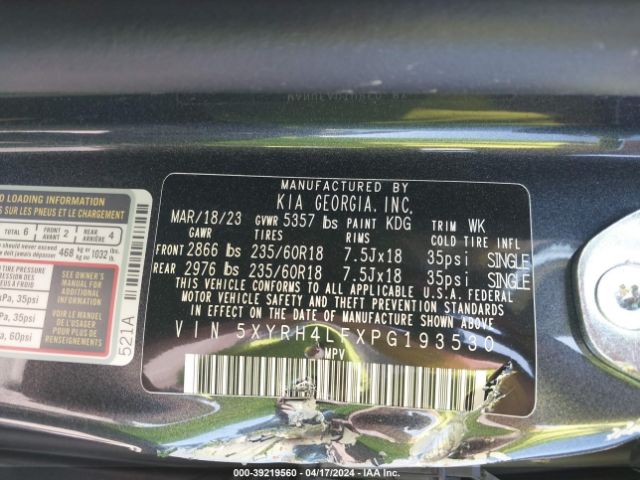 5XYRH4LFXPG193530 KIA SORENTO EX