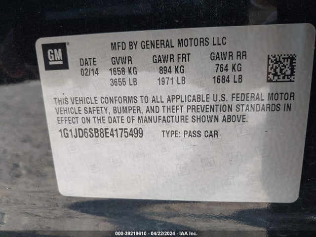 1G1JD6SB8E4175499 Chevrolet Sonic Lt Manual