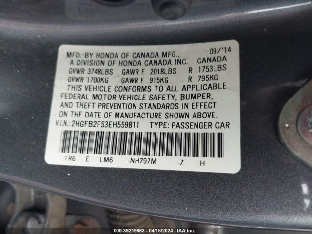 Honda Civic Lx 2014 2HGFB2F53EH559811 Image 9