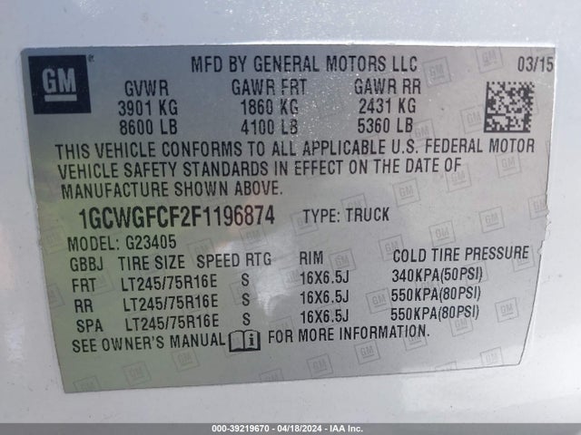 Chevrolet Express 2500 Work Van 2015 1GCWGFCF2F1196874 Image 9