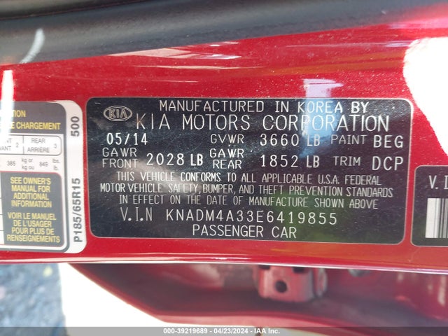 KIA RIO LX 2014 KNADM4A33E6419855 Image 9