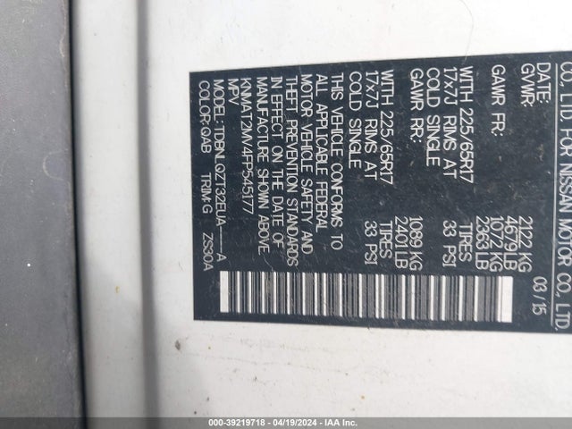 Nissan ROGUE SV 2015 KNMAT2MV4FP545177 Image 9