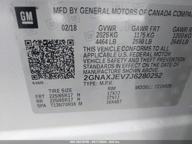 2GNAXJEV7J6280252 Chevrolet EQUINOX LT
