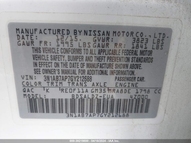 Nissan SENTRA SV 2016 3N1AB7AP7GY212688 Image 9