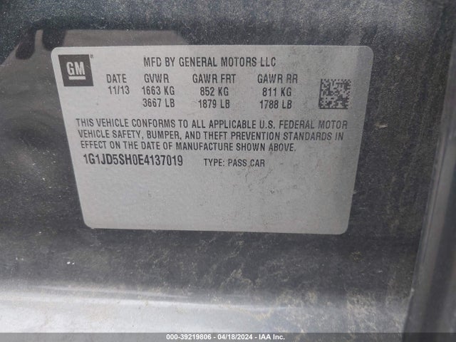 1G1JD5SH0E4137019 Chevrolet Sonic Lt Manual