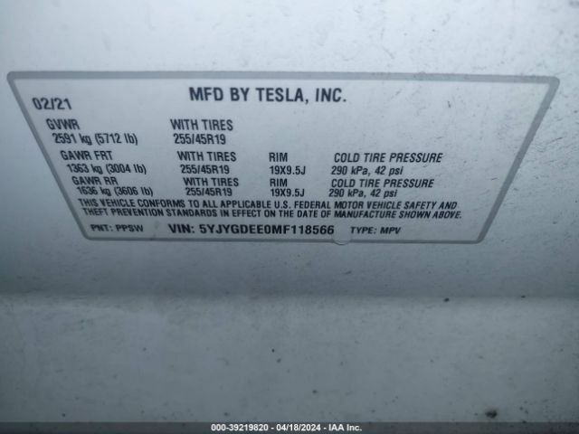 5YJYGDEE0MF118566 Tesla Model Y Long Range Dual Motor All-wheel Drive