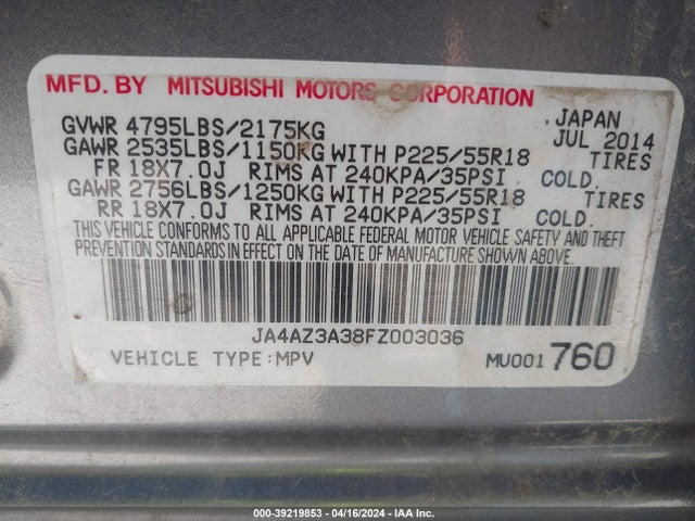 Mitsubishi Outlander Se 2015 JA4AZ3A38FZ003036 Image 9