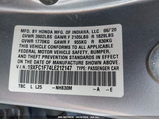 Honda Civic Ex-l 2020 19XFC1F74LE212147 Image 9