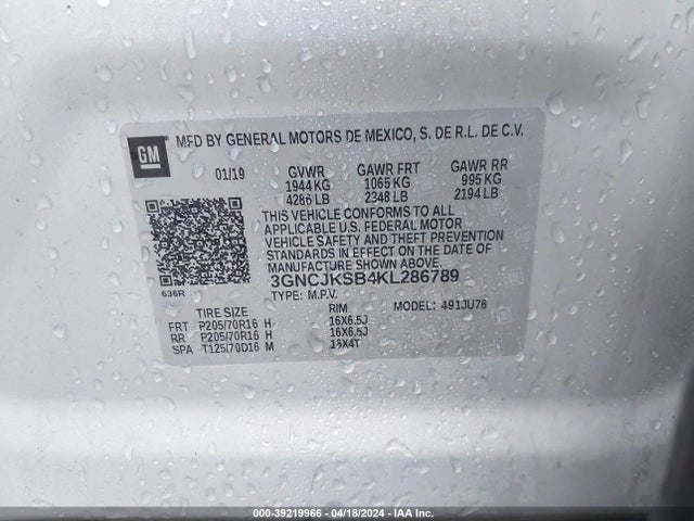 Chevrolet TRAX LS 2019 3GNCJKSB4KL286789 Image 9