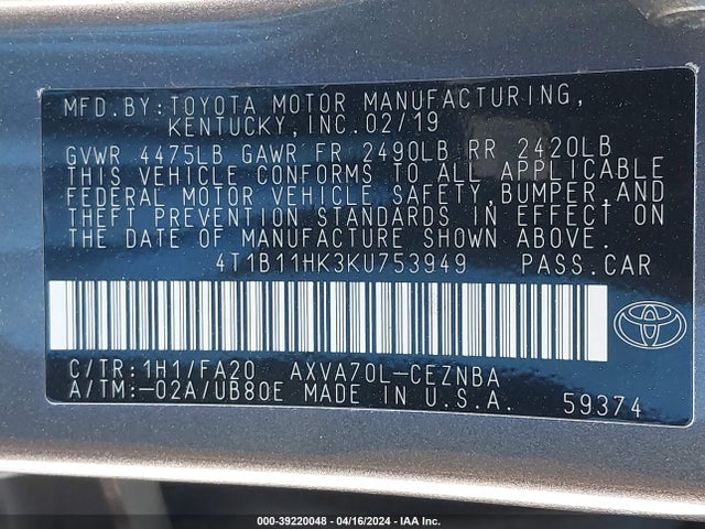 Toyota CAMRY LE 2019 4T1B11HK3KU753949 Image 9