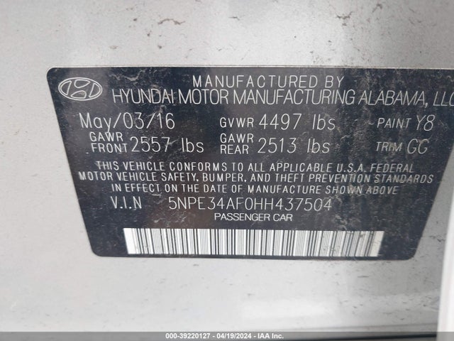 Hyundai Sonata Limited 2017 5NPE34AF0HH437504 Image 9