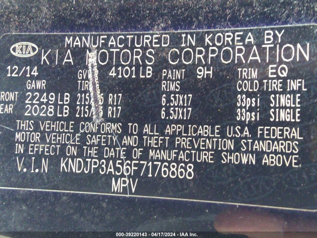 KIA SOUL + 2015 KNDJP3A56F7176868 Image 9