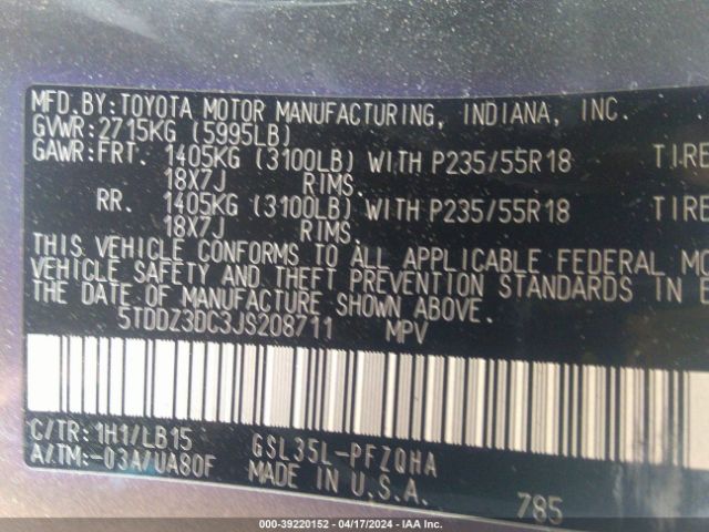5TDDZ3DC3JS208711 Toyota Sienna Limited 7 Passenger