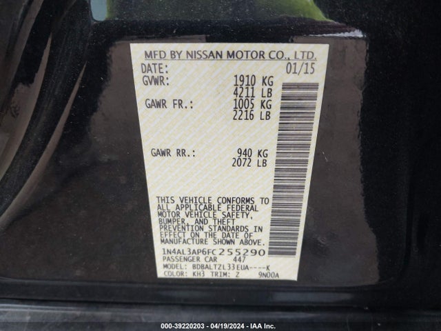 Nissan Altima 2.5 Sl 2015 1N4AL3AP6FC255290 Image 9