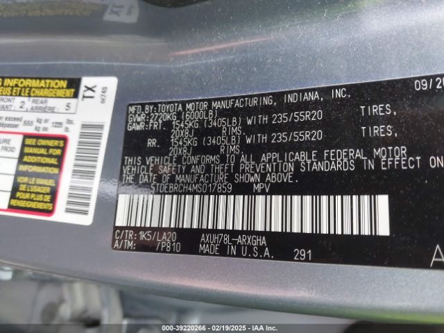 5TDEBRCH4MS017859 Toyota Highlander Hybrid Platinum