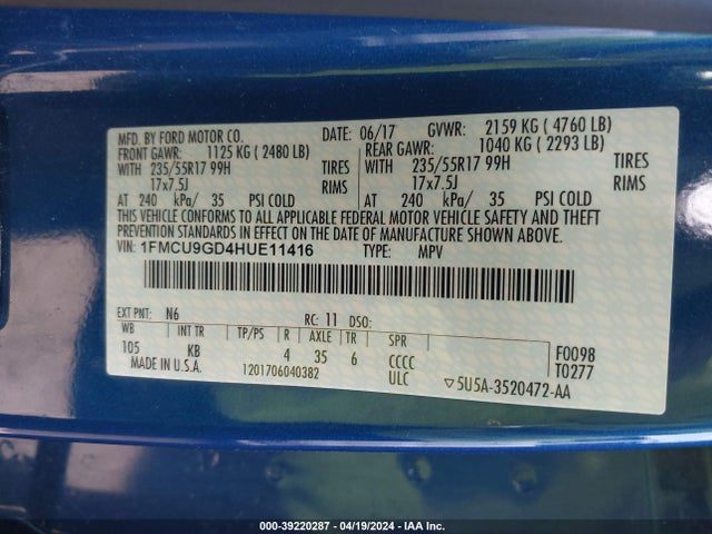 Ford ESCAPE SE 2017 1FMCU9GD4HUE11416 Image 9