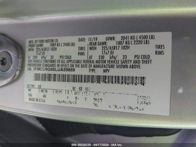 Ford ESCAPE SE 2020 1FMCU9G68LUA59869 Image 9