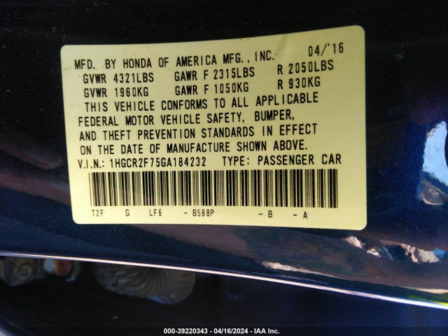 Honda ACCORD EX 2016 1HGCR2F75GA184232 Image 9