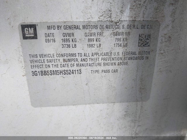 Chevrolet Cruze Ls Manual 2017 3G1BB5SM5HS524113 Image 9