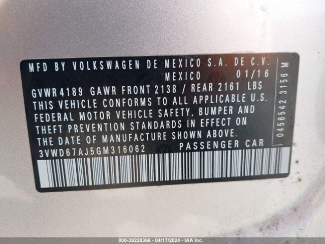 3VWD67AJ5GM316062 Volkswagen Jetta 1.4t Se