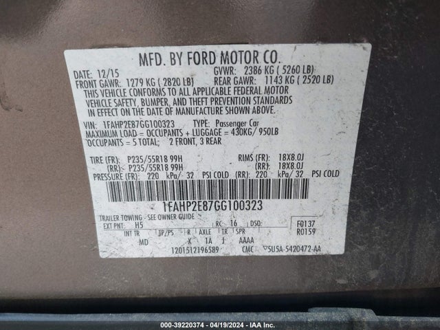 Ford TAURUS SEL 2016 1FAHP2E87GG100323 Image 9