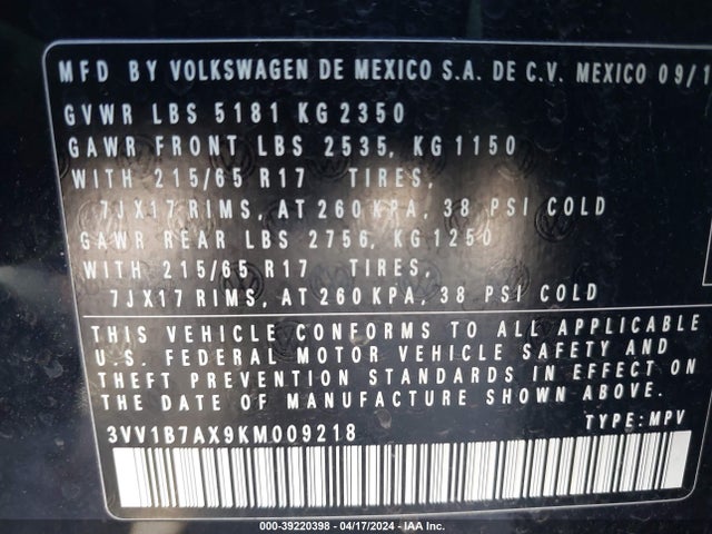 3VV1B7AX9KM009218 Volkswagen Tiguan 2.0t S