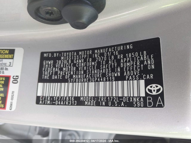Toyota COROLLA LE 2016 5YFBURHE3GP448119 Image 9