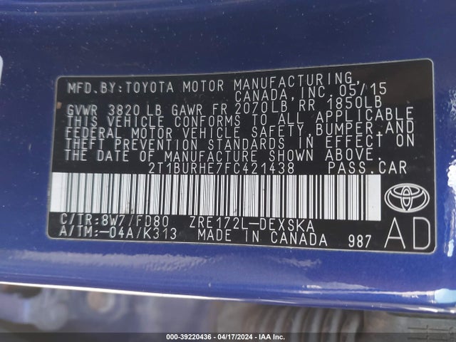 Toyota Corolla S Plus 2015 2T1BURHE7FC421438 Image 9