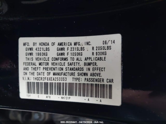 Honda Accord Ex-l 2014 1HGCR2F8XEA250053 Image 9