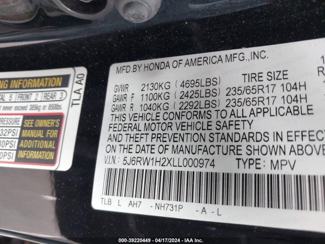 Honda Cr-v 2wd Lx 2020 5J6RW1H2XLL000974 Image 9