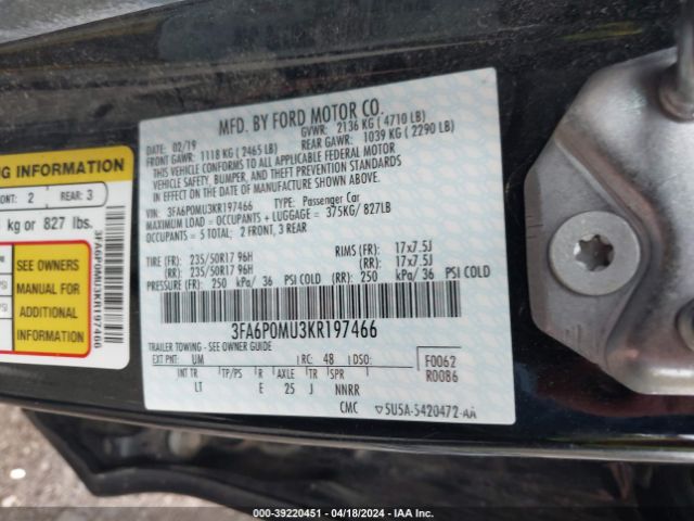 3FA6P0MU3KR197466 Ford Fusion Hybrid Sel