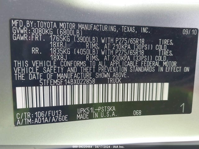 39220464 :رقم المزاد ، 5TFEM5F14BX022858 vin ، 2011 Toyota Tundra Grade 4.6l V8 مزاد بيع
