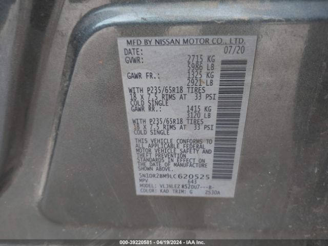 5N1DR2BM9LC620525 Nissan Pathfinder Sv 4wd