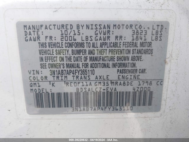 Nissan SENTRA S 2015 3N1AB7AP4FY365110 Image 9