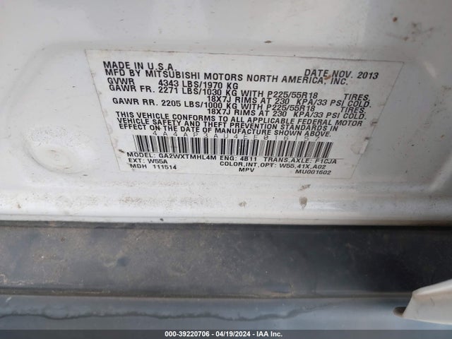 4A4AP3AU4EE016157 Mitsubishi Outlander Sport Es