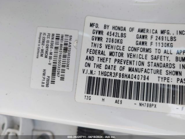 1HGCR3F96HA040794 Honda Accord Touring V6