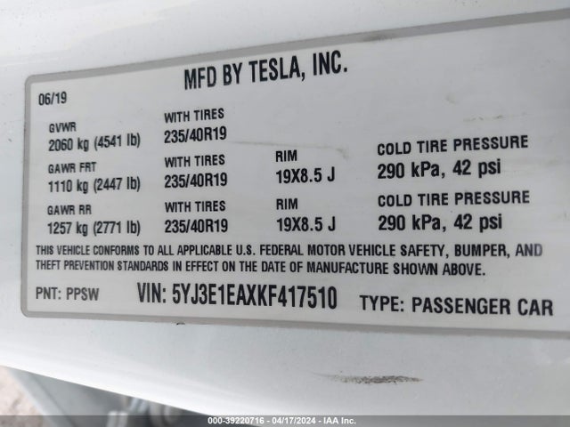 Tesla Model 3 Long Range/mid Range/standard Range/standard Range Plus 2019 5YJ3E1EAXKF417510 Image 9