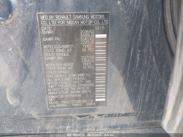 Nissan ROGUE SV 2015 KNMAT2MT2FP541546 Image 9