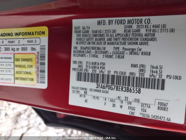 3FA6P0G78ER386558 Ford FUSION S