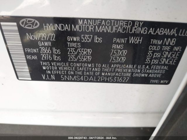 5NMS4DAL2PH531627 Hyundai Santa Fe Limited