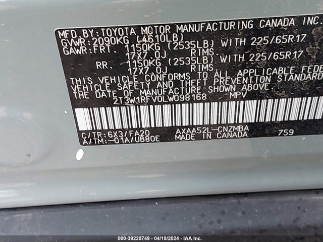 Toyota Rav4 Xle 2020 2T3W1RFV0LW098168 Image 9