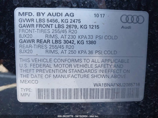 WA1BNAFY8J2085716 Audi Q5 2.0t Premium/2.0t Tech Premium
