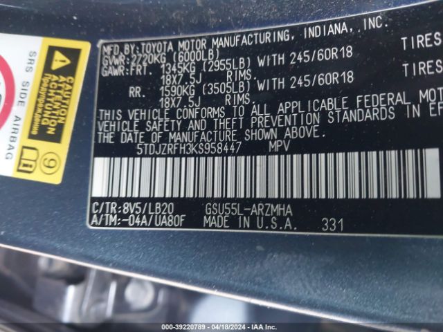 5TDJZRFH3KS958447 Toyota Highlander Xle