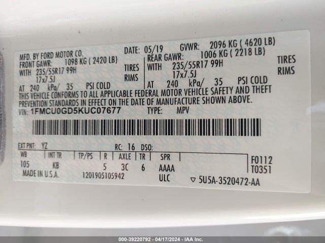 Ford ESCAPE SE 2019 1FMCU0GD5KUC07677 Image 9