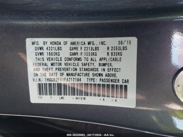 Honda Accord Sport 2015 1HGCR2F51FA212184 Image 9